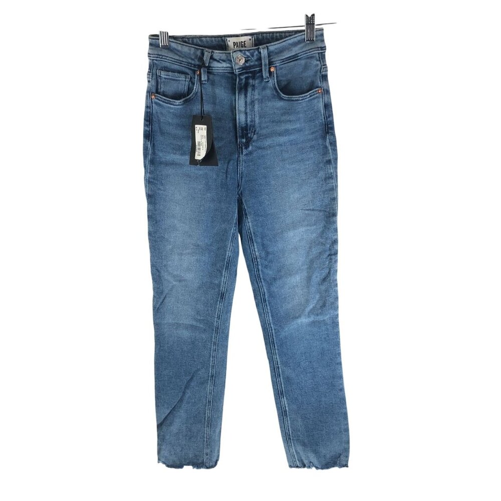 Paige Sarah Slim Crop High Rise Jeans Skysong Destroyed Hem Denim 25
